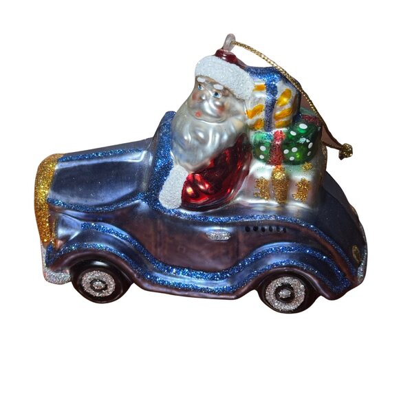 Vintage Santa Driving Car with Presents Blown Glass Christmas 4" Ornament - Picture 1 of 6